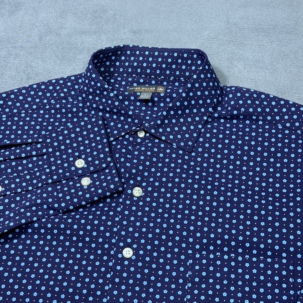 Peter Millar Summer Comfort Button Shirt Mens L Navy Geometric Performance Golf